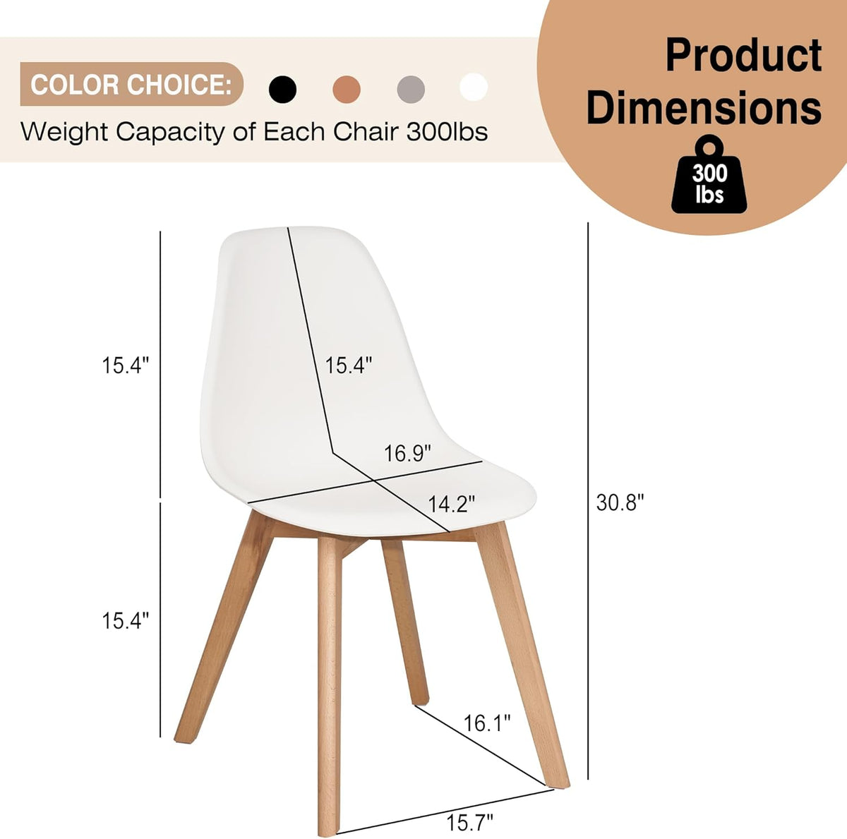 VECELO Dining Chairs Set of 4, Mid-Century Modern Kitchen & Dining Room Chairs, Molded Plastic Seat & Back, Solid Wood Legs, Armless, Non-Slip Feet, White