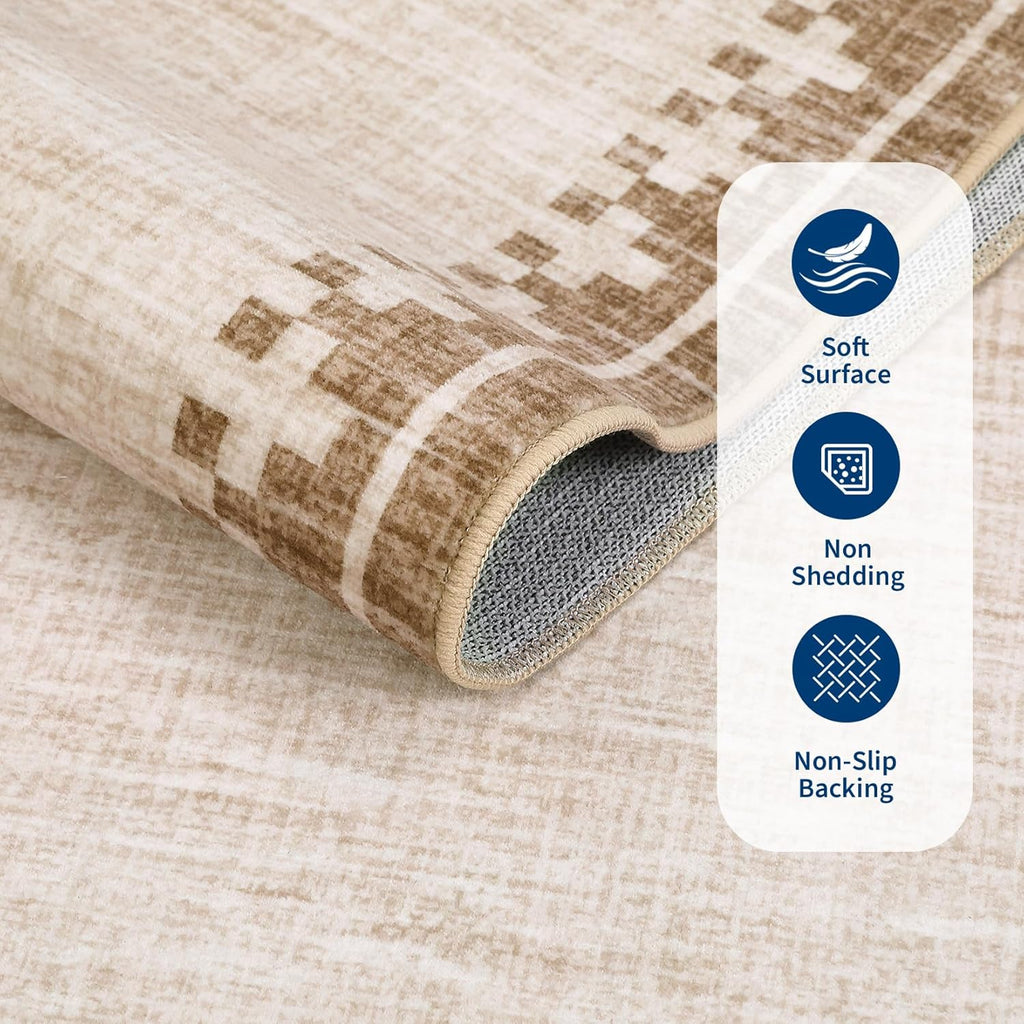 GarveeHome Cross Bordered Large Area Rug 9x12 Machine Washable Non Slip Low Pile Dining Room Carpet Geometric Stain Resistant Living Room Bedroom Home Office Rug, Beige