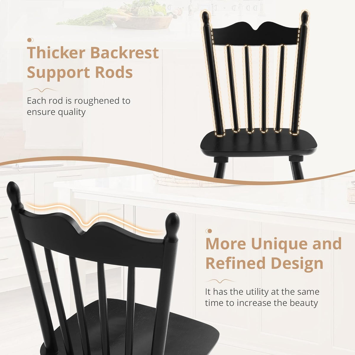 LUE BONA Black Dining Chairs Set of 4, Windsor Wooden Dining Chair with Thickened Backrest, Morden and Mid Century Kitchen Chairs for Dining Room Farmhouse, Weight Capacity 350 lbs