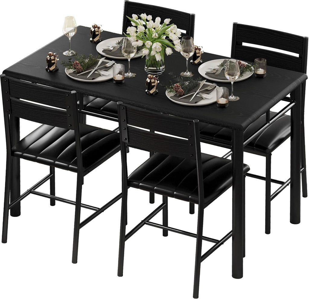 IRONCK Dining Table Set for 4, Wood Kitchen Table with Upholstered Chairs for Kitchen & Dining Room, Compact Dining Set for Small Spaces, Black