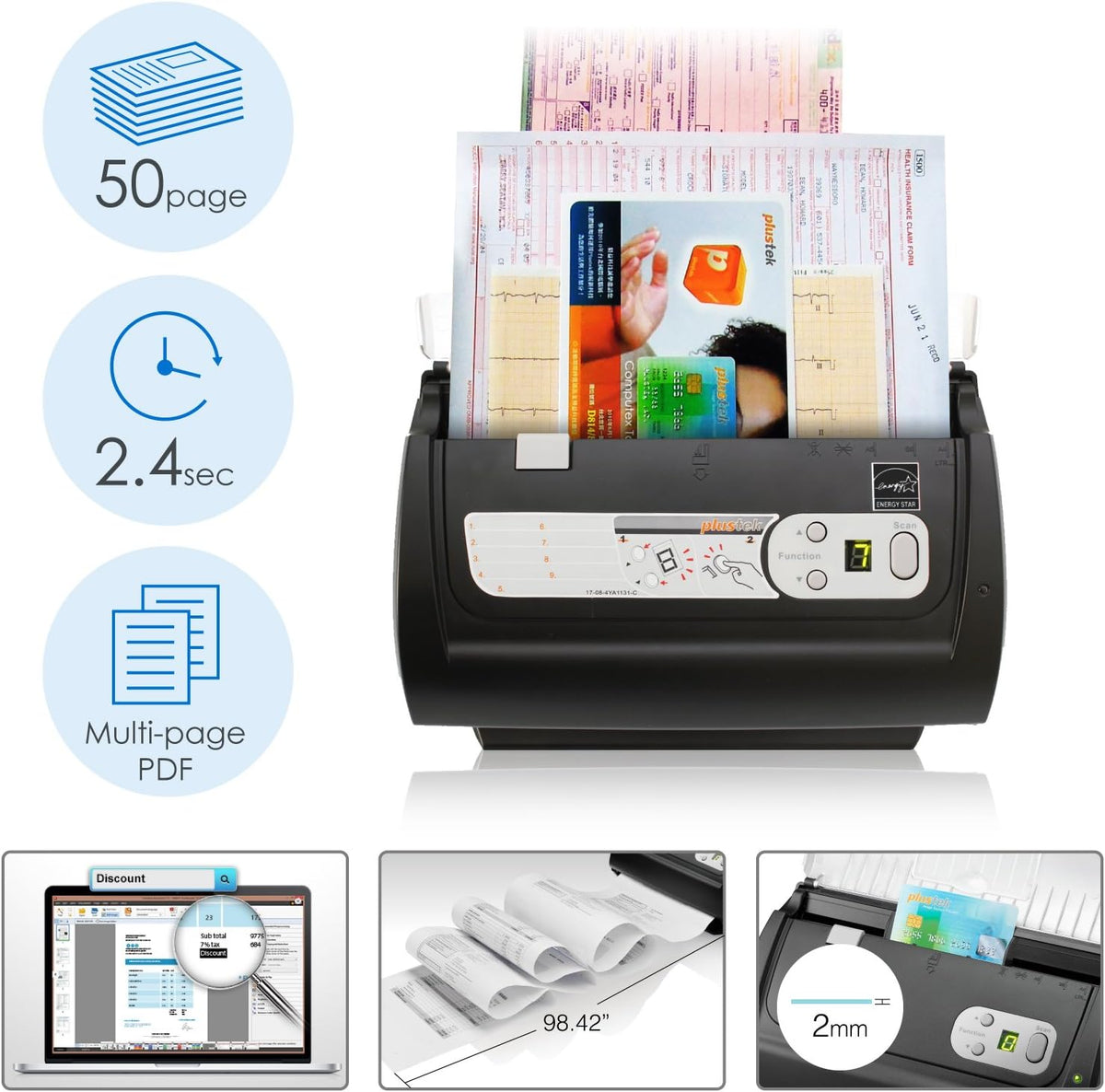 Plustek PS186 Desktop Document Scanner, with 50-Pages Auto Document Feeder (ADF). for Windows 7/8 / 10/11 (Intel/AMD only)