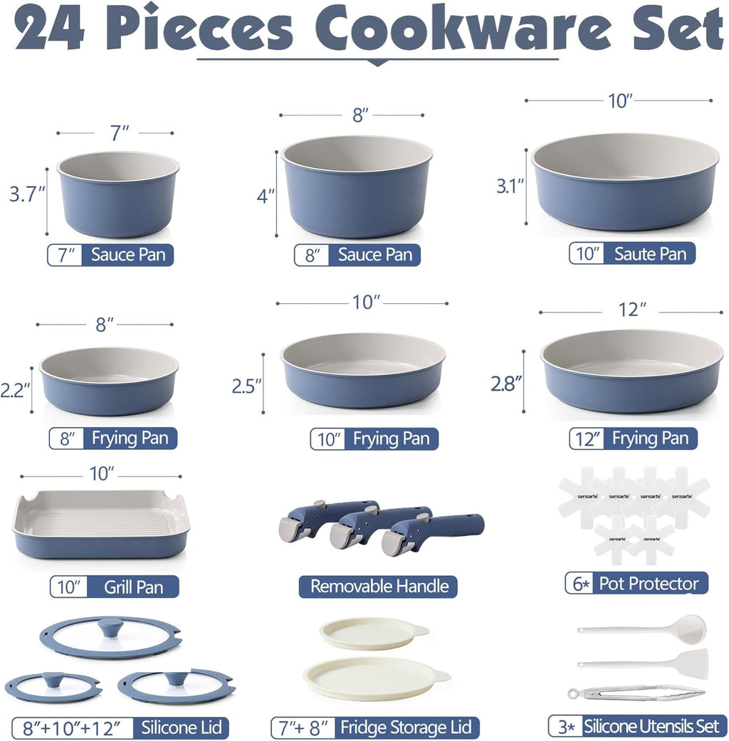 SENSARTE 24 Piece Ceramic Pots and Pans Set, Nonstick Detachable Handle Cookware, Induction Kitchen Cookware Set with Removable Handle, Healthy Non Stick for RV, Dishwasher＆Oven Safe, PFOA Free (Navy)