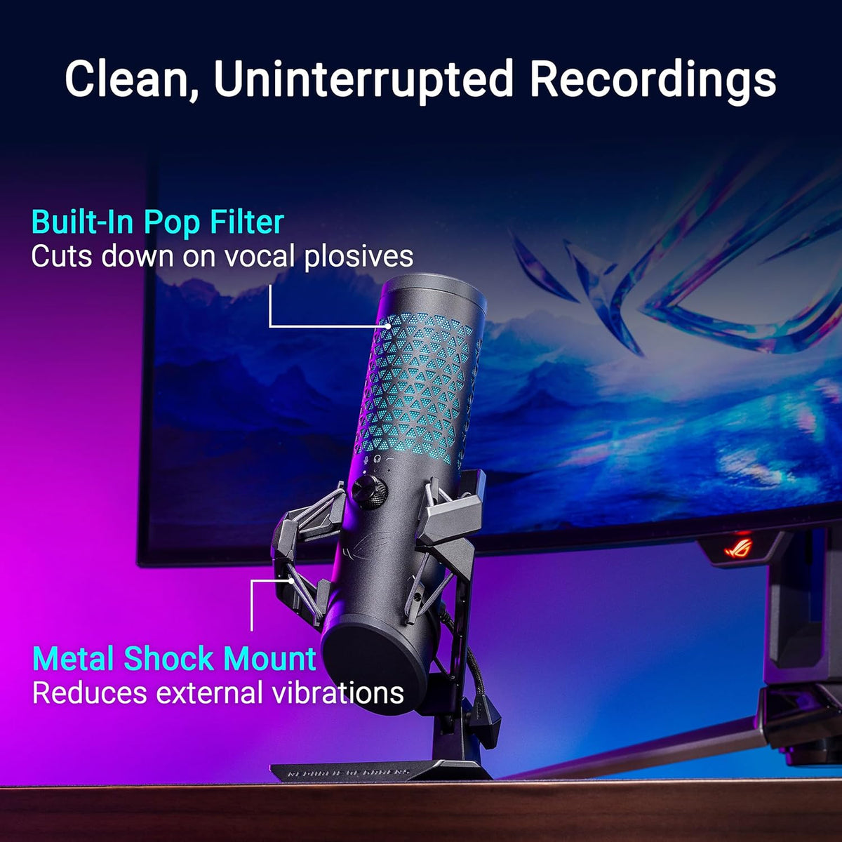 ASUS ROG Carnyx RGB Condenser Gaming Microphone Black (Gaming, Streaming and Podcast, 25 mm Capacitor Capsule, 192 kHz / 24 Bit Sampling Rate, High Pass Filter, Pop Filter, Metal Holder, Aura Sync)