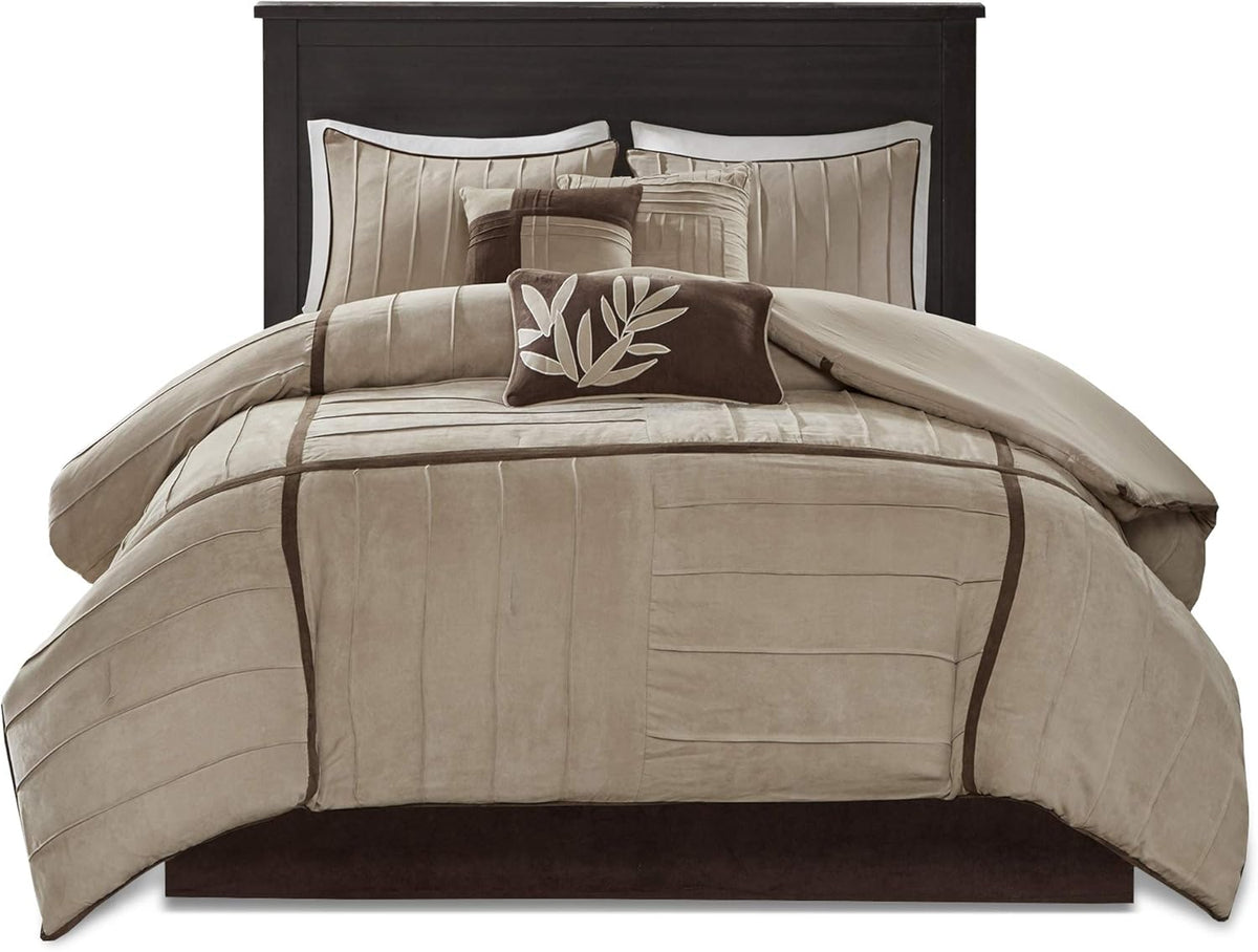 Madison Park Cozy Comforter Set Casual Blocks Design All Season, Matching Bed Skirt, Decorative Pillows, Queen(90"x90"), Dune Suede, Beige Brown, 7 Piece