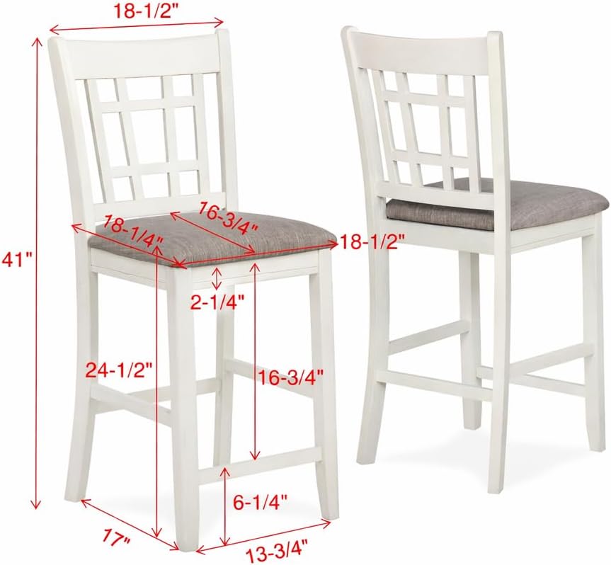 CARTESIAN 5 Piece Counter Height Dining Set, Oval Extendable Table with Storage Shelf, 4 Upholstered Chairs, Weathered White and Gray, Grid-Back Design