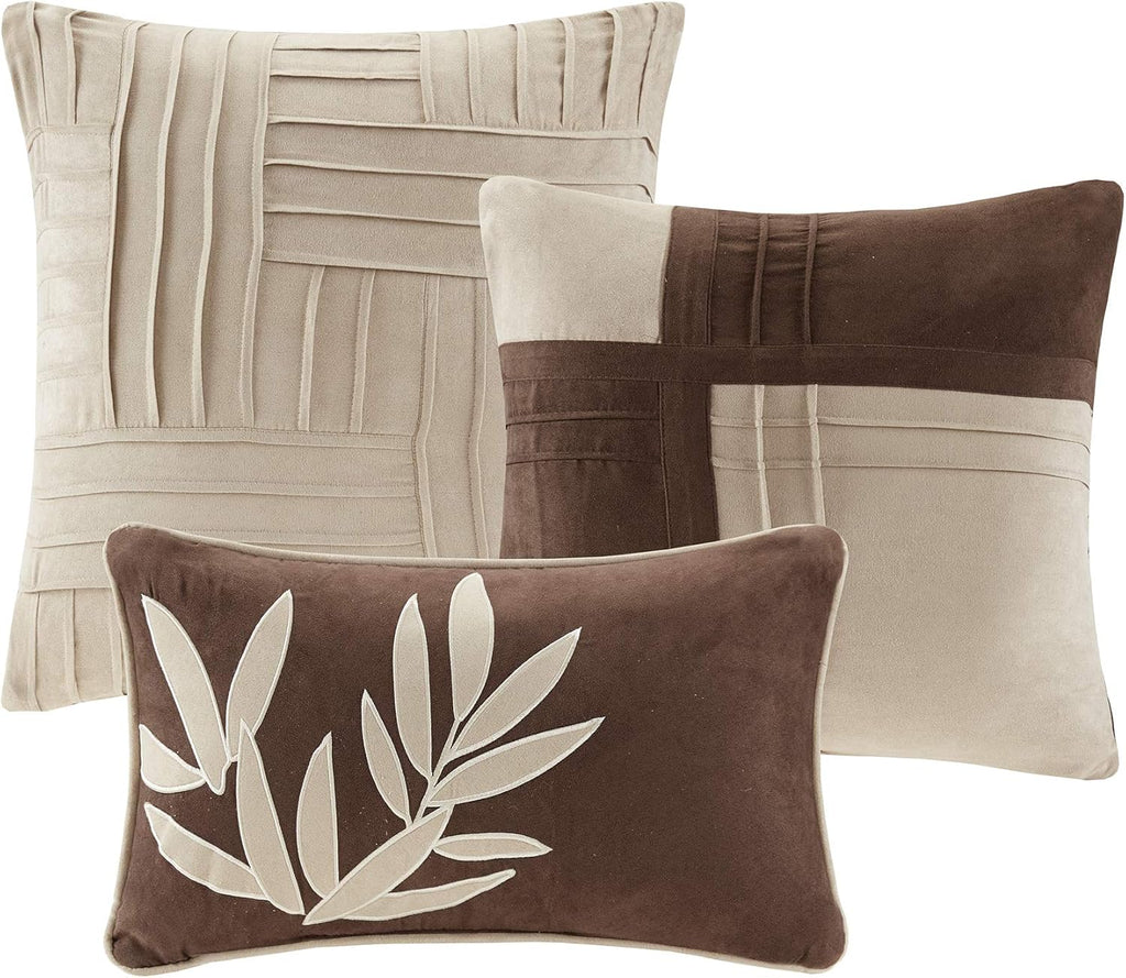 Madison Park Cozy Comforter Set Casual Blocks Design All Season, Matching Bed Skirt, Decorative Pillows, Queen(90"x90"), Dune Suede, Beige Brown, 7 Piece