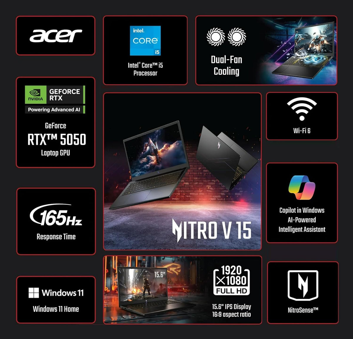 acer Nitro V 15.6” FHD IPS 165Hz Gaming Laptop, Intel Core i5-13420H, NVIDIA GeForce RTX 5050 with 8GB GDDR7 VRAM, Win11H, w/Mouse pad (16GB RAM, 512GB PCIe SSD)