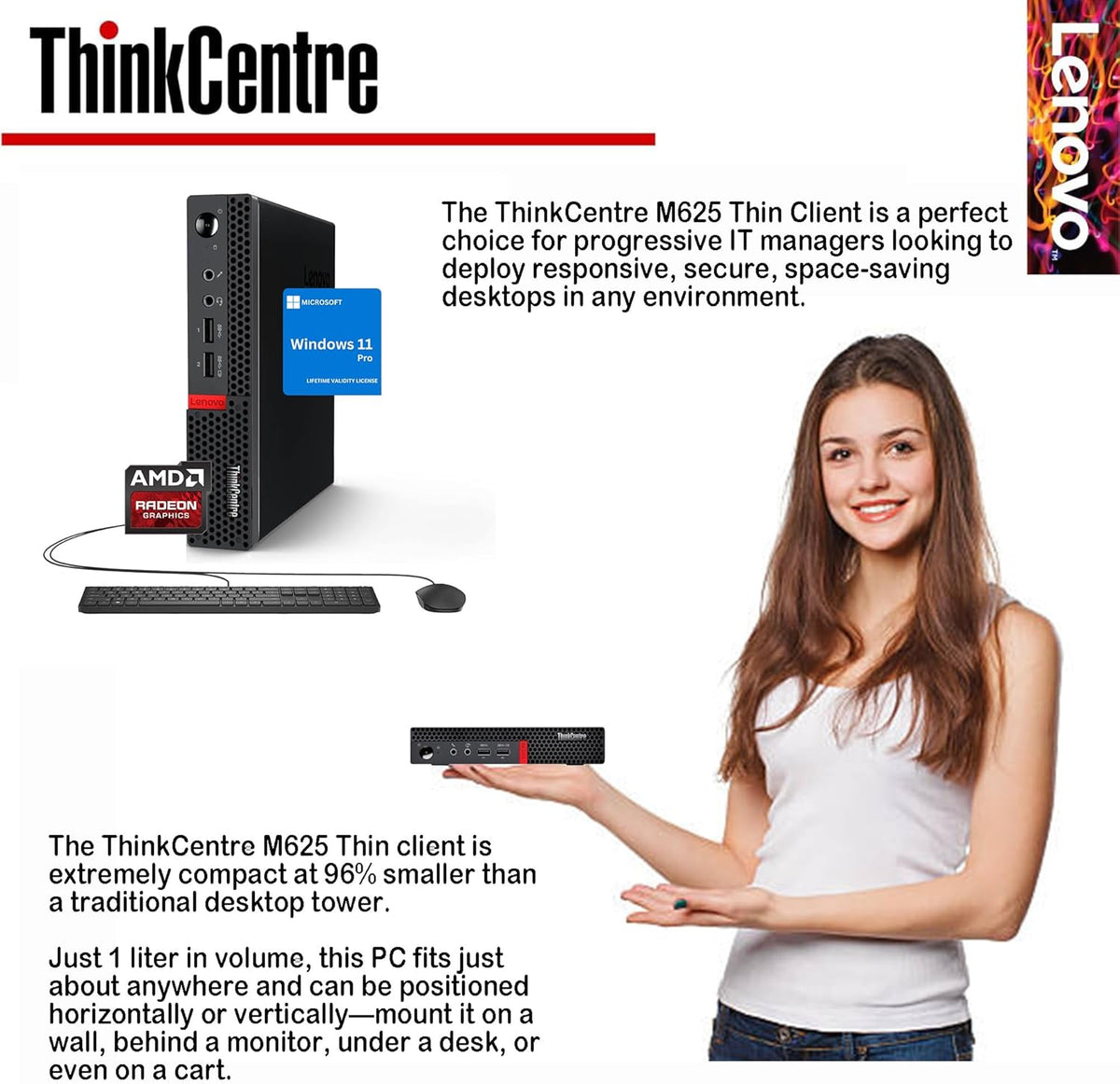 Lenovo Business Mini Desktop PC, AMD Processor, 16GB RAM, 256GB SSD, Dual Display Support, Wi-Fi, Bluetooth, USB & Ethernet Port, Windows 11 Pro, Compact, Quiet, and Space-Saving, w/Keyboard & Mouse