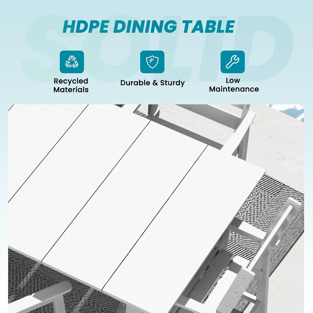 LOUNZY 75.2" HDPE Rectangle Outdoor Dining Table for 8, Oversized Patio Dining Table w/ 2" Umbrella Hole,White