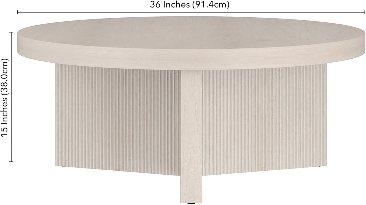 Henn&Hart 36" Fluted Round Low-Profile Coffee Table with Ribbed Pedestal Base for Living Room, Family Room, or Office, Beech White