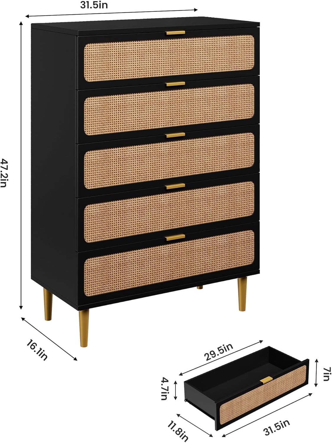 Garvee Rattan Dresser with 5 Drawers, Tall Modern Closet with Deep Storage, Large Chest of Drawers with Wide Top, Long Wooden Dresser for Bedroom, Living Room, Hallway, Kids Room, Black