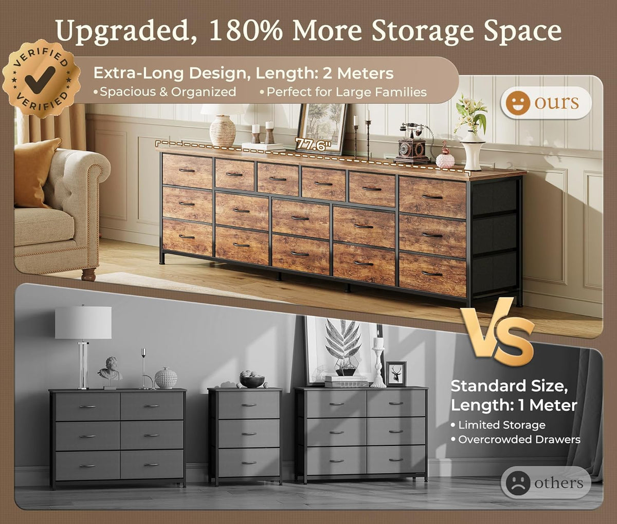 Huuger 77.6" Long Dresser for Bedroom, 16 Drawer Fabric Dresser for Closet, Wide Chest of Drawers with Storage, TV Stand for 65, 75, 85 Inch TV, 77.6" W x 12.9" D x 26.7" H, Rustic Brown