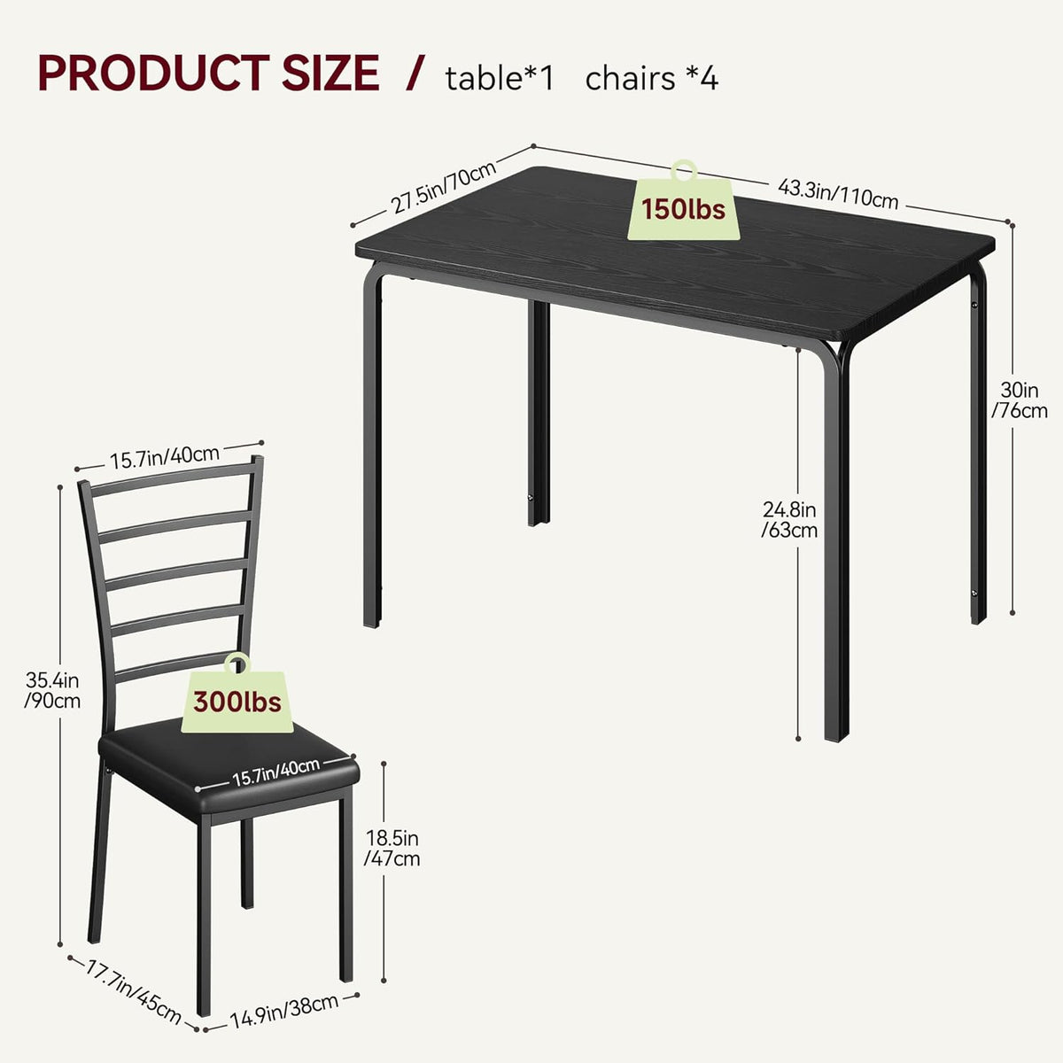 5-Piece Dining Table Set with 4 Chairs, MDF & Metal Construction, Upholstered Seat Dining Set for Small Space, Apartment, Kitchen