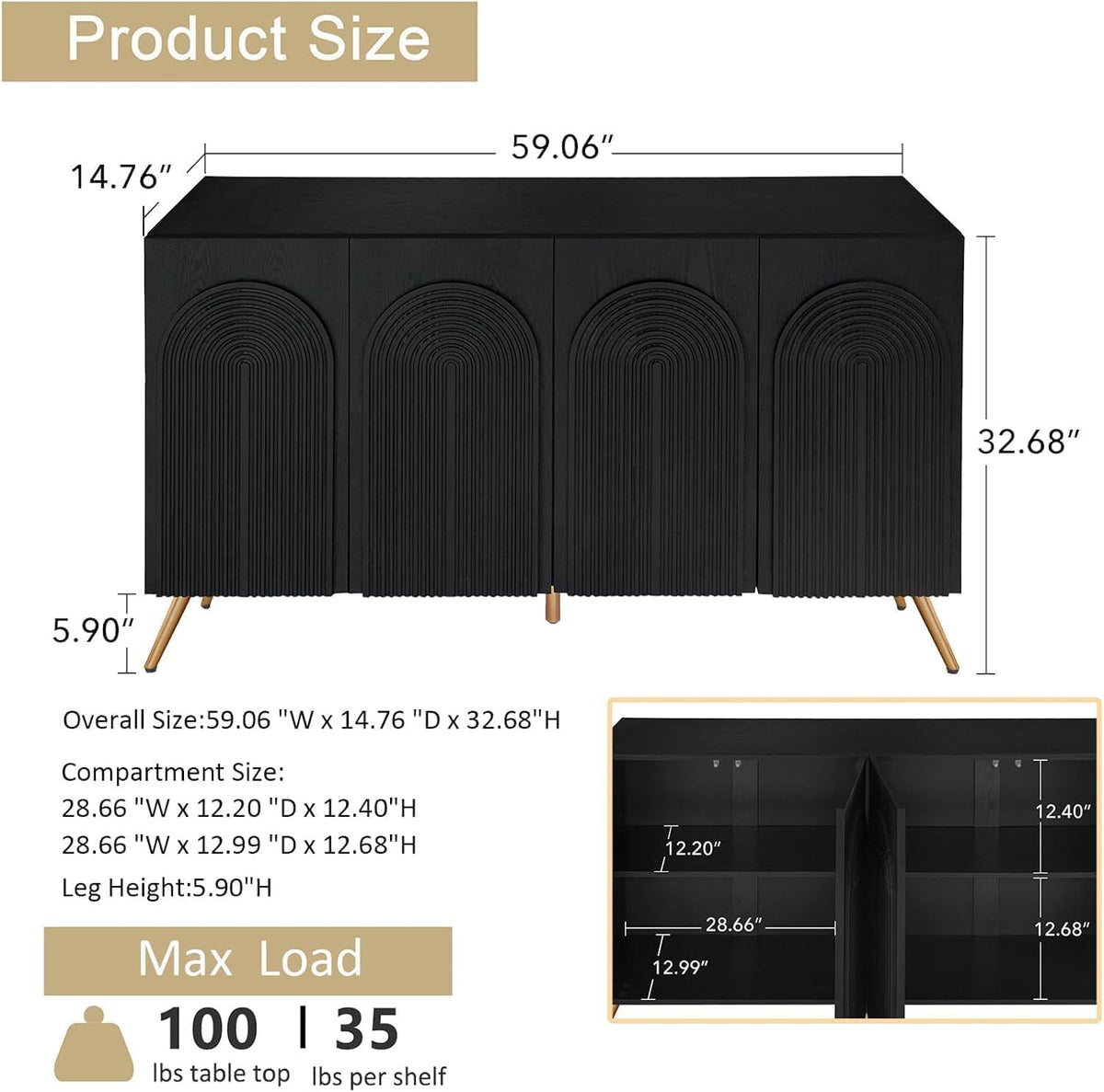 59" Black Arched Sideboard Buffet Cabinet with Adjustable Shelves, Modern Storage Cabinet with Arched 3D Carved Wood Doors, Credenza Accent Cabinet for Living Room, Dining Room, Entryway