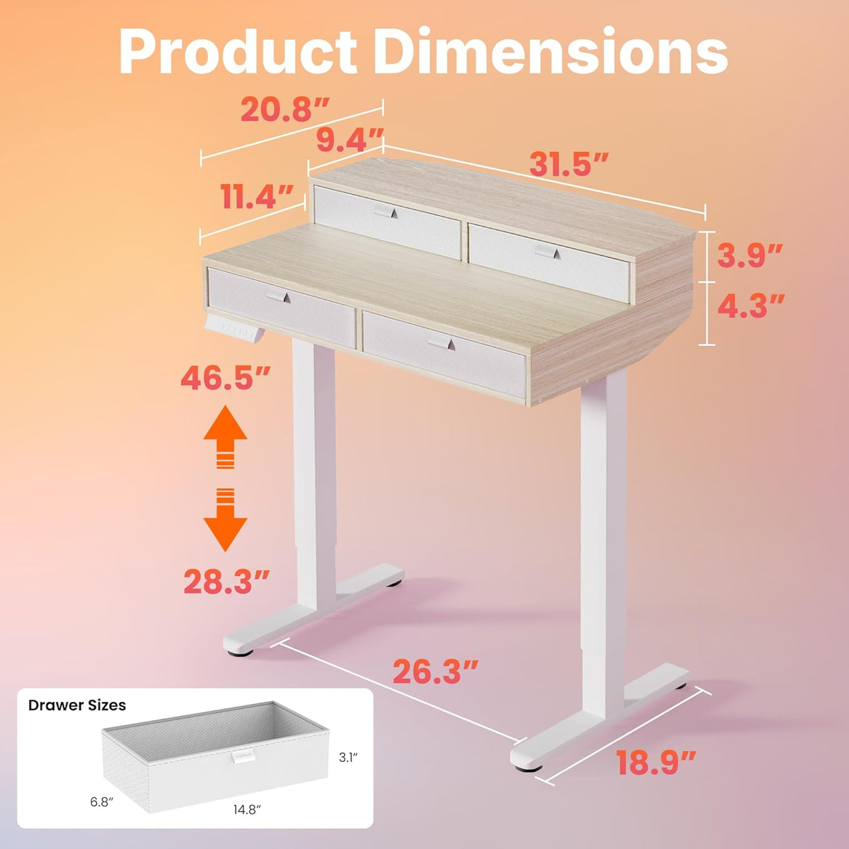 HUANUO 32 X 20 inch Electric Standing Desk with 4 Drawers, Adjustable Height Sit Stand Home Office Desk, C-Clamp Mount Compatible, Ergonomic Stand up Desk with 4 Preset Heights, Natural
