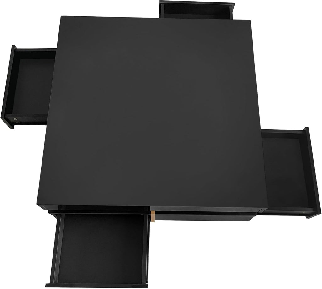 Merax Coffee Table, Modern High Gloss Coffee Table with 4 Drawers, Multi-Storage Square Center Cocktail Table with Wood Grain Legs for Living Room, 31.5"x 31.5" (Black)