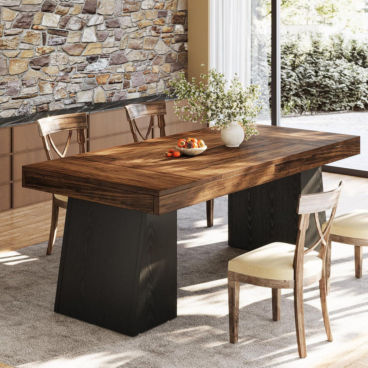 Tribesigns Two Tone Dining Table for 4-6 People, Rectangular Farmhouse Kitchen Dinner Table with Double Pedestal, Wood Dining Room Furniture for Home, Dining Room, Small Space, Brown & Black
