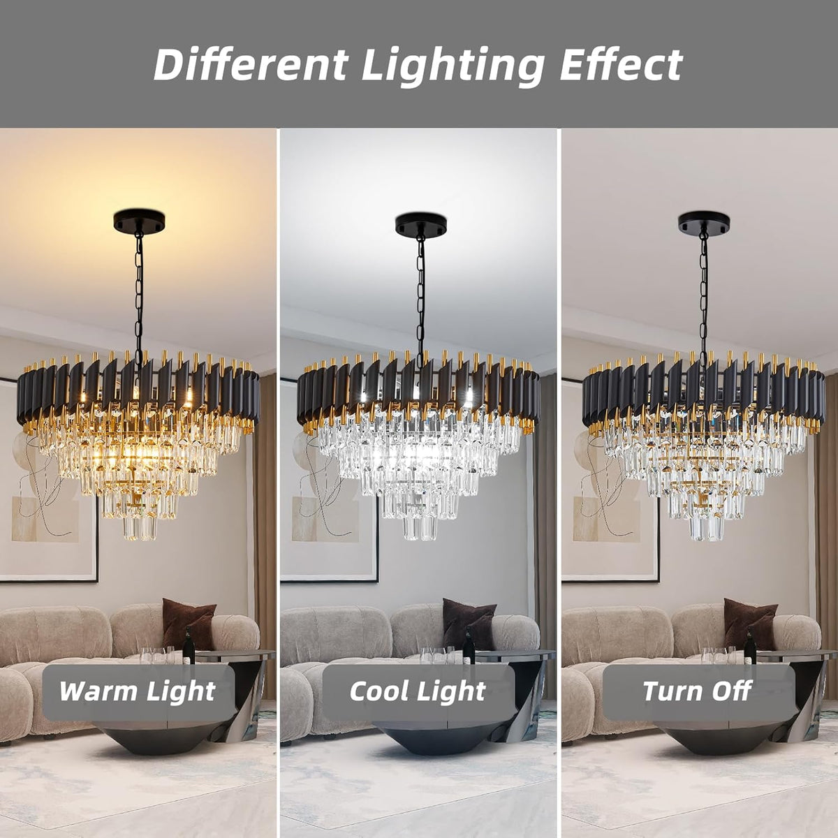 10-Light Large Crystal Chandelier 24" Dining Room Light Fixtures 5 Tiers Flush Mount Black and Gold Chandelier Round Large Chandeliers for Dining Room Living Room Kitchen Entryway Foyer
