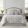 Stratford Park Elegant Grey Floral Comforter Set, 7 Piece Jacquard Bedding Set Queen, Waffle Weave Texture All Season Bedding Set, Matching Bed Skirt, Pillows & Shams