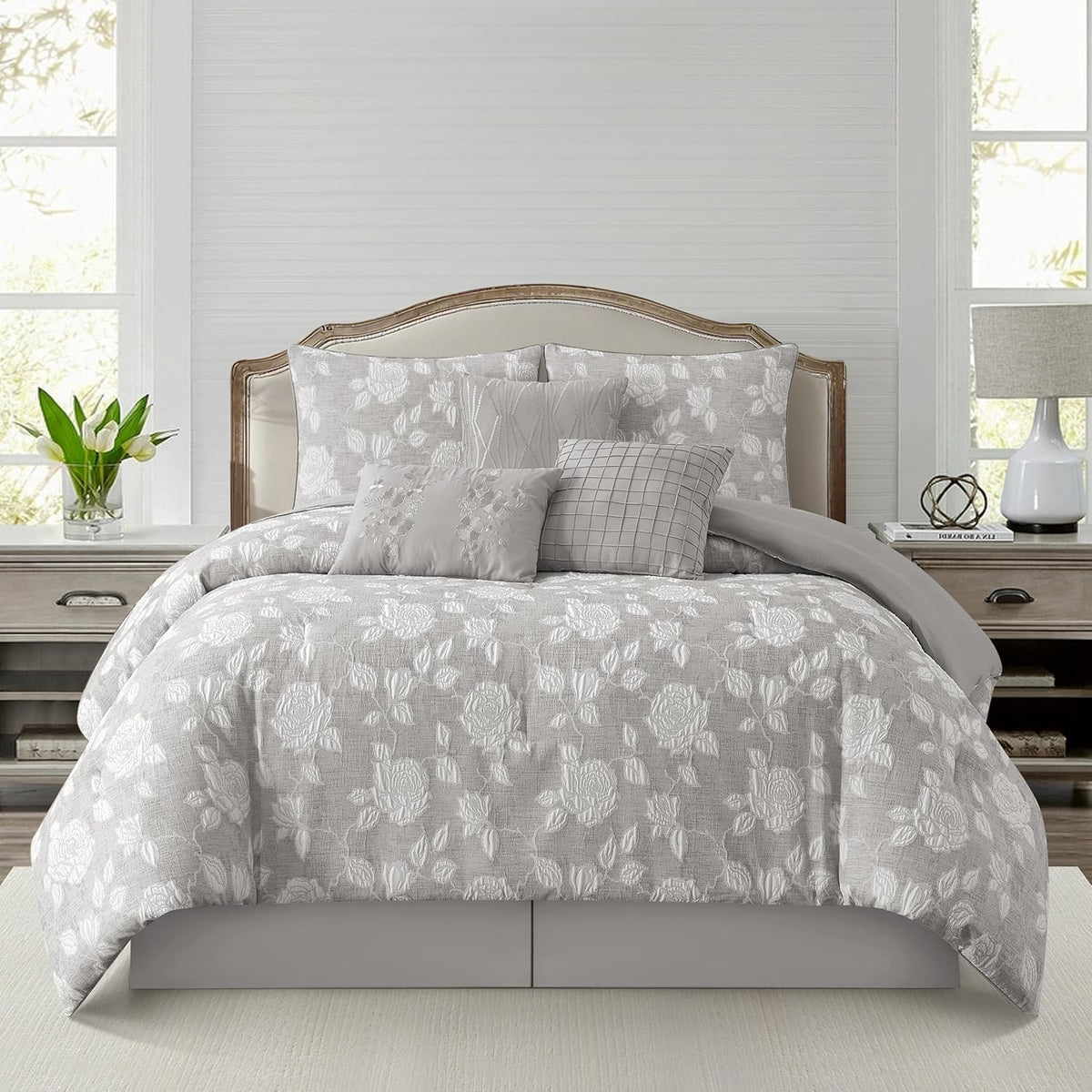 Stratford Park Elegant Grey Floral Comforter Set, 7 Piece Jacquard Bedding Set Queen, Waffle Weave Texture All Season Bedding Set, Matching Bed Skirt, Pillows & Shams