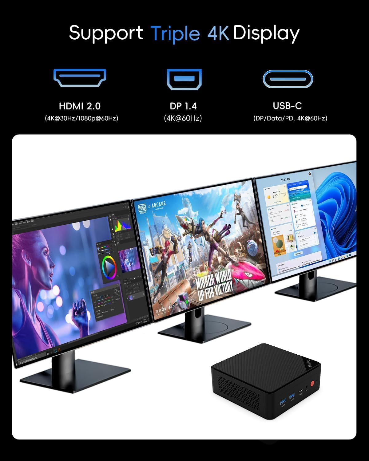 Mini PC, 1 Year Office 365, Intel Pentium Gold 6500Y (up to 3.4GHz), 16GB RAM 256GB SSD, Windows 11 Desktop Computers for Home Office Business Students, Triple 4K Display via USB-C/HDMI/DP, WiFi, BT