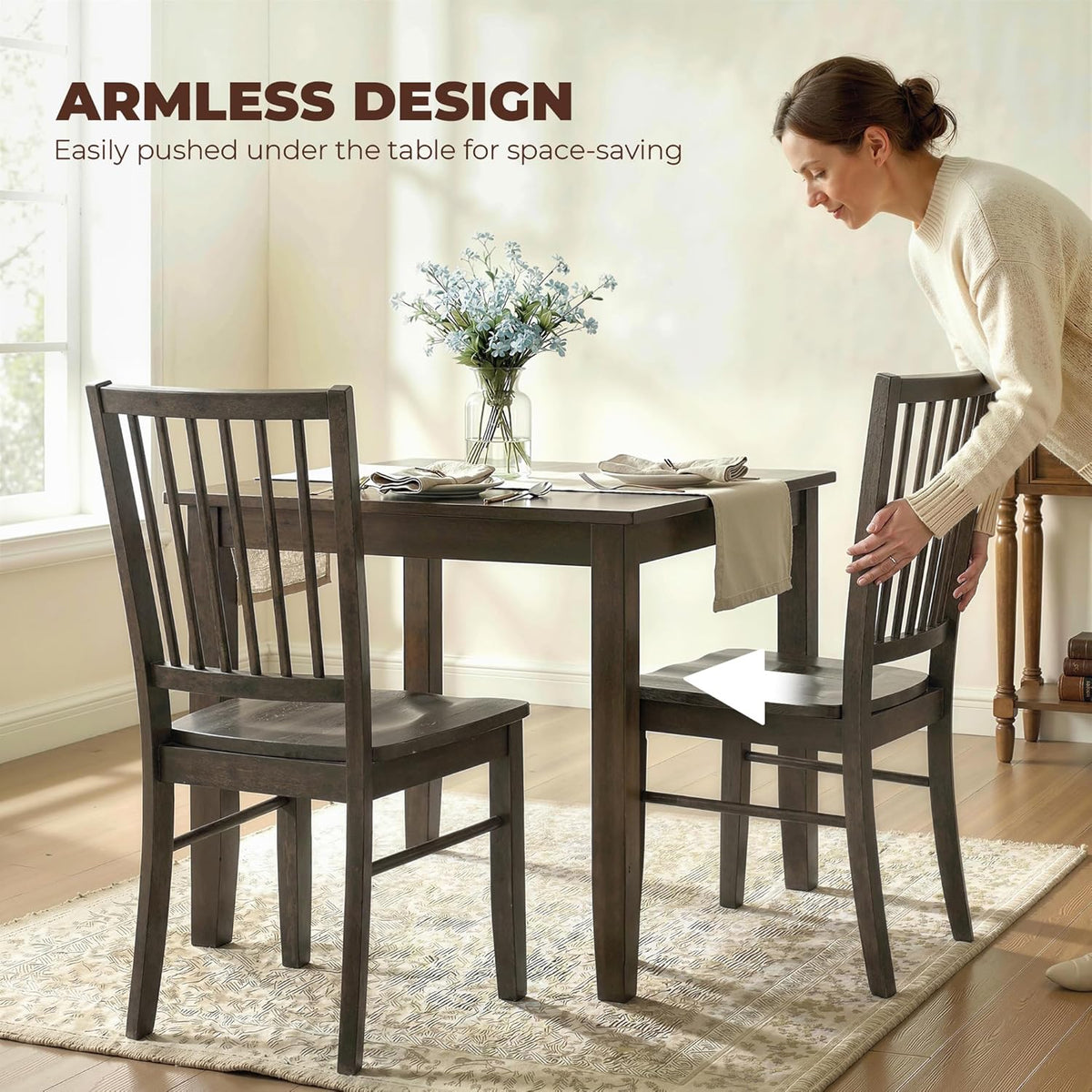 HOMCOM Farmhouse Dining Chairs Set of 2, Ergonomic Solid Wood Armless Kitchen Chairs with Rubberwood Legs for Dining Room, Kitchen, Charcoal Gray