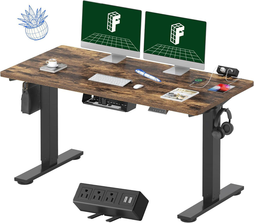 FLEXISPOT EN2 Whole-Piece Standing Desk with Clamp Power Strip, 55 x 28 Electric Stand Up Height Adjustable Desk with Cable Management (Black Frame + 55" Rustic Brown Desktop, 2 Packages)