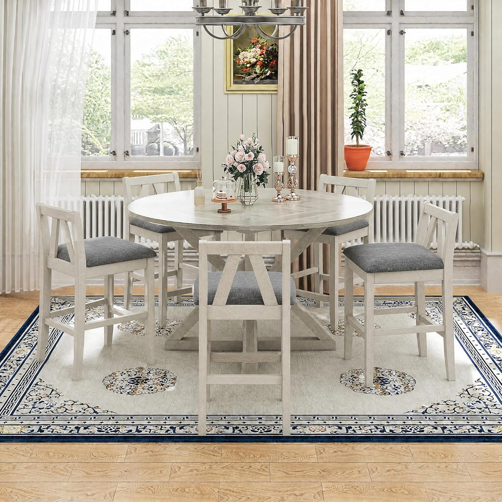 VECELO 7-Piece Solid Wood Foldable Dining Table Set for 6, Farmhouse Round Dining Table with 6 Upholstered Dining Chairs for Dining Room, Kitchen, Washed Gray