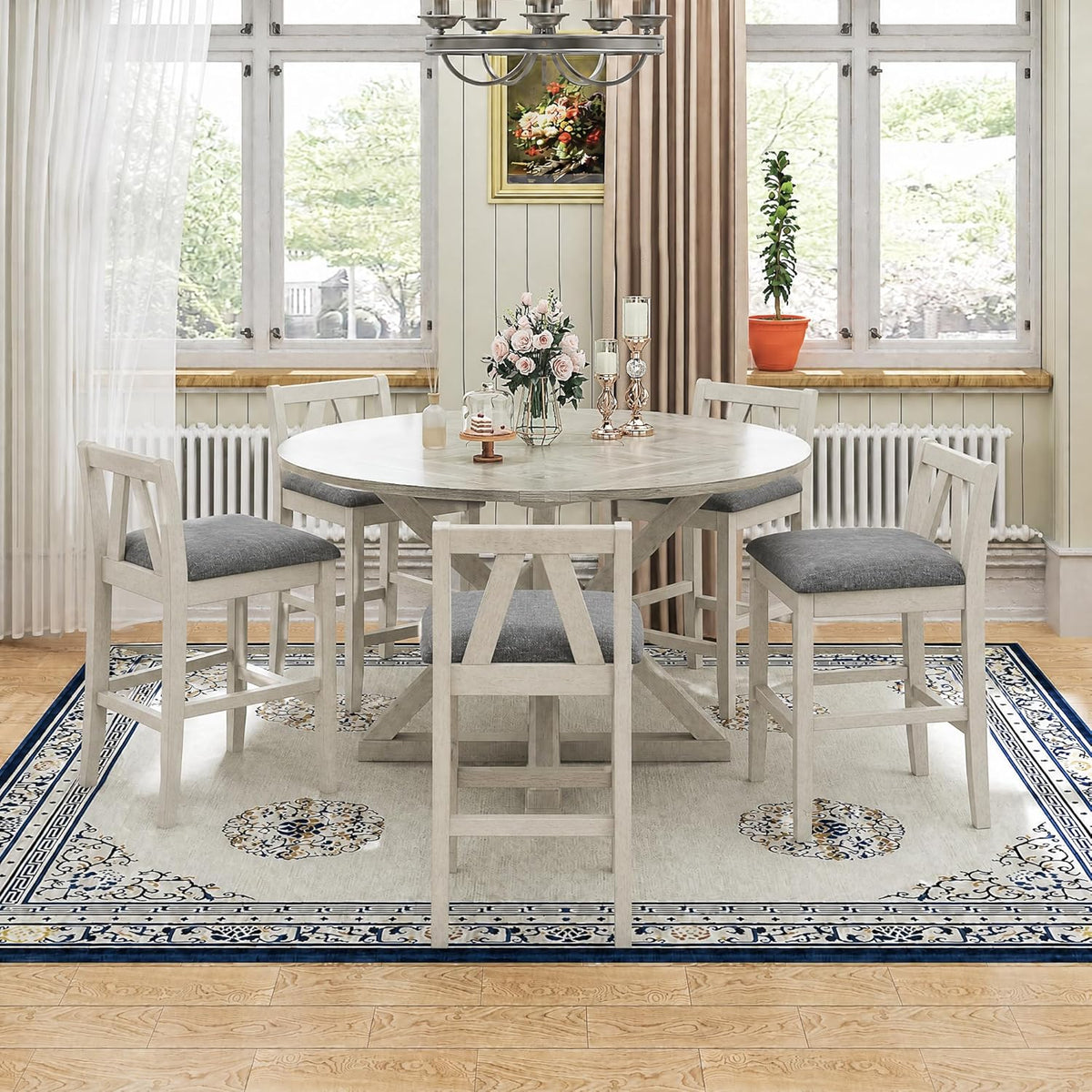 VECELO 7-Piece Solid Wood Foldable Dining Table Set for 6, Farmhouse Round Dining Table with 6 Upholstered Dining Chairs for Dining Room, Kitchen, Washed Gray