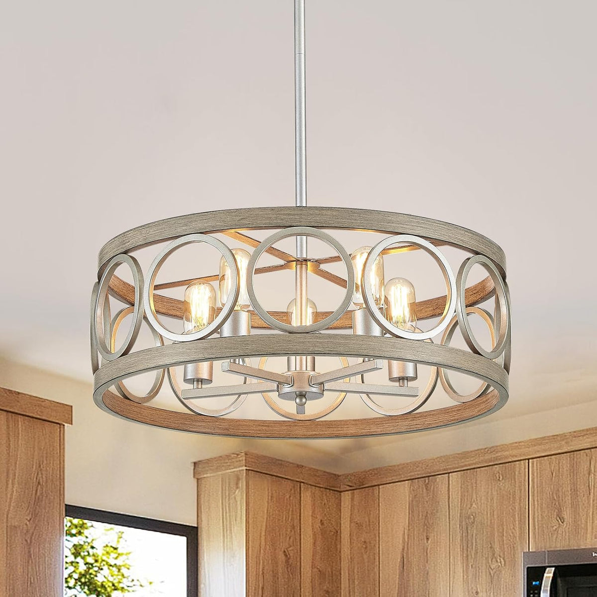 Dining Room Chandelier Over Table 22" Drum Modern Farmhouse Pendant Light Fixture for Living Room Kitchen Island Bedroom, Metal Rustic Round Brushed Nickel Wood Grain Finish Hanging 5-Light