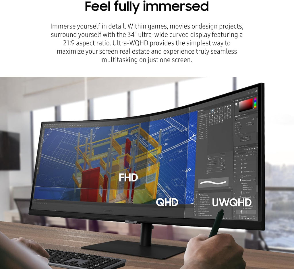 SAMSUNG Viewfinity S65UA Series 34-Inch Ultrawide QHD Curved Monitor, 100Hz, USB-C, HDR10 (1 Billion Colors), Height Adjustable Stand, TUV-certified Intelligent Eye Care (LS34A654UBNXGO),Black
