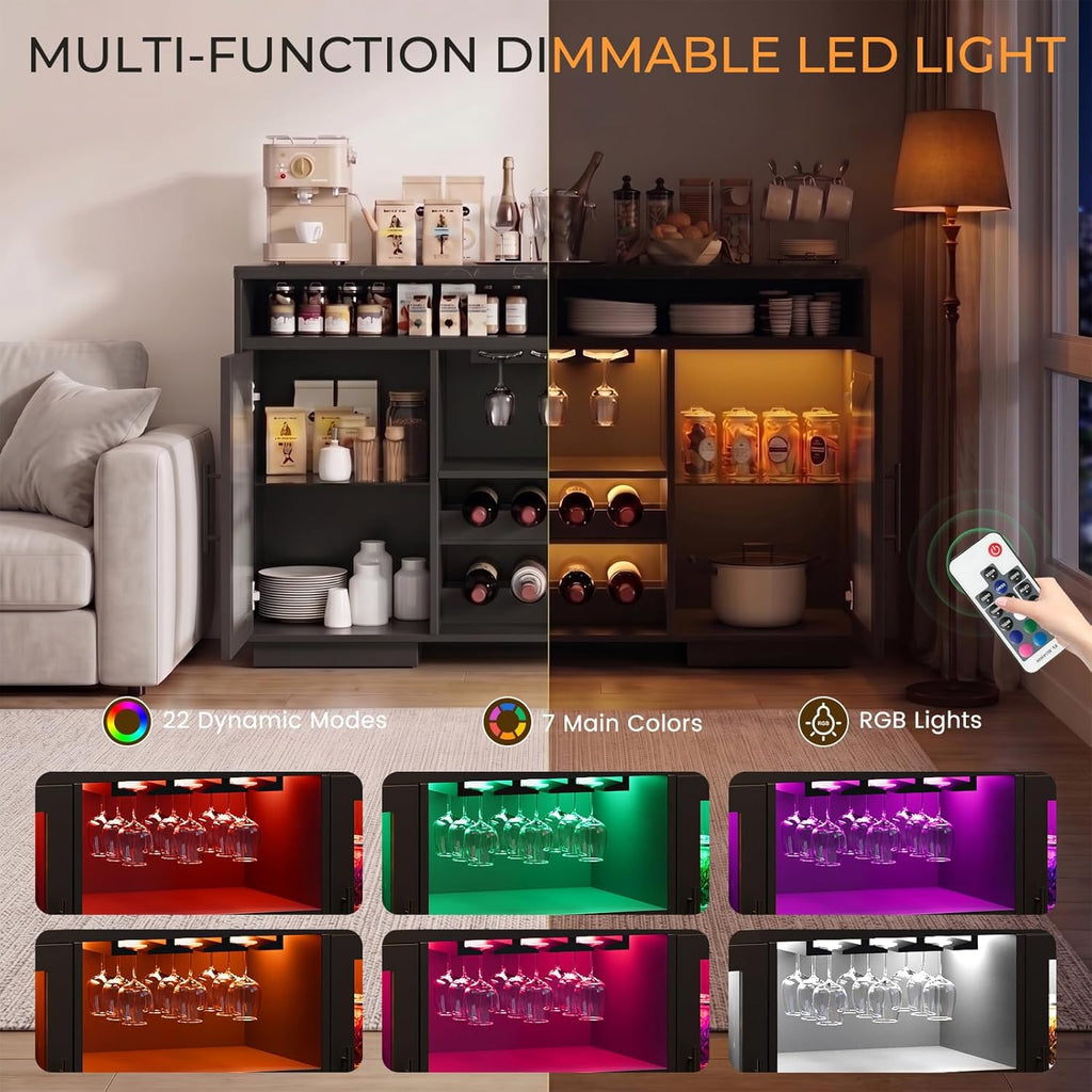 Wine Bar Cabinet 54", Black Coffee Bar Cabinet with LED Lights, Arched Glass Doors, Wine Rack, Adjustable Shelves, Sideboard Buffet Cabinet for Dining Room, Black