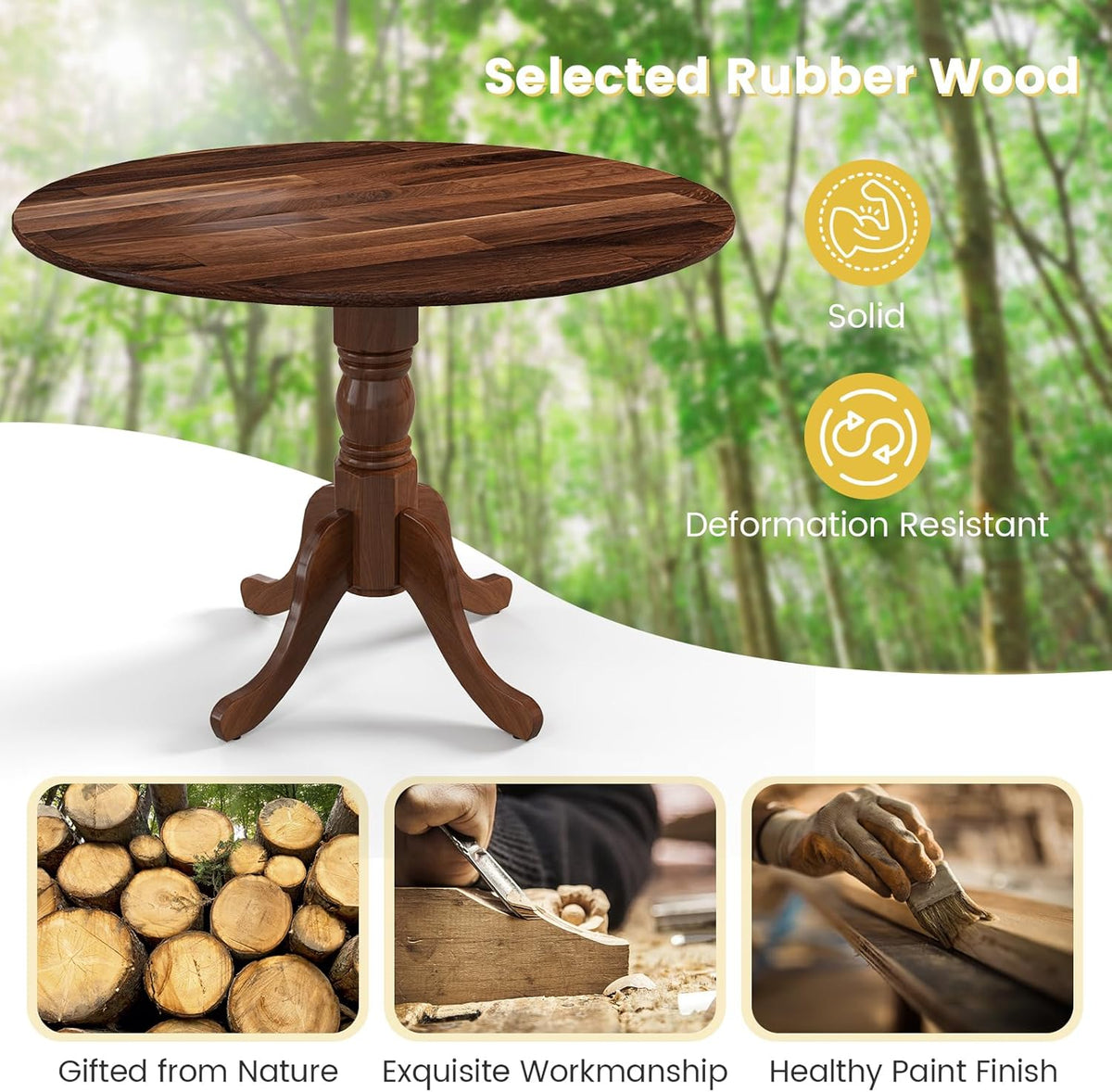 Giantex Round Dining Table, 39" D X 29" H, Rubber Wood Pedestal Table W/Round Tabletop & Curved Trestle Legs, 4-Person Dinner Table for Kitchen, Dining Room, Restaurant (Walnut)