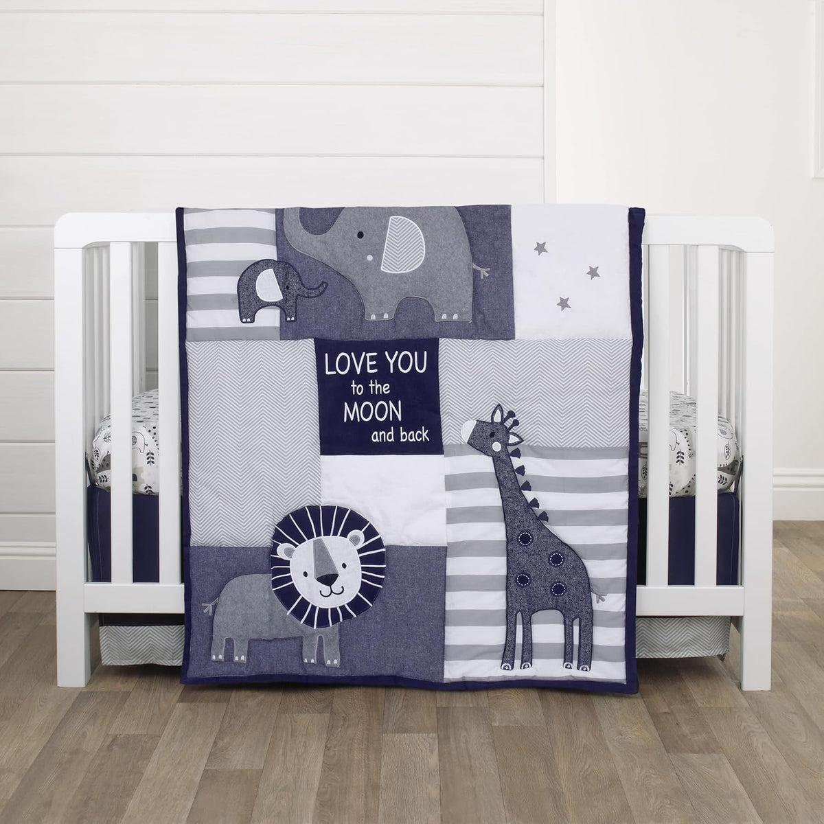 NoJo Love You to The Moon - Navy, Grey and Blue 4 Piece Nursery Crib Bedding Set with Comforter, Fitted Crib Sheet, Dust Ruffle, Diaper Stacker