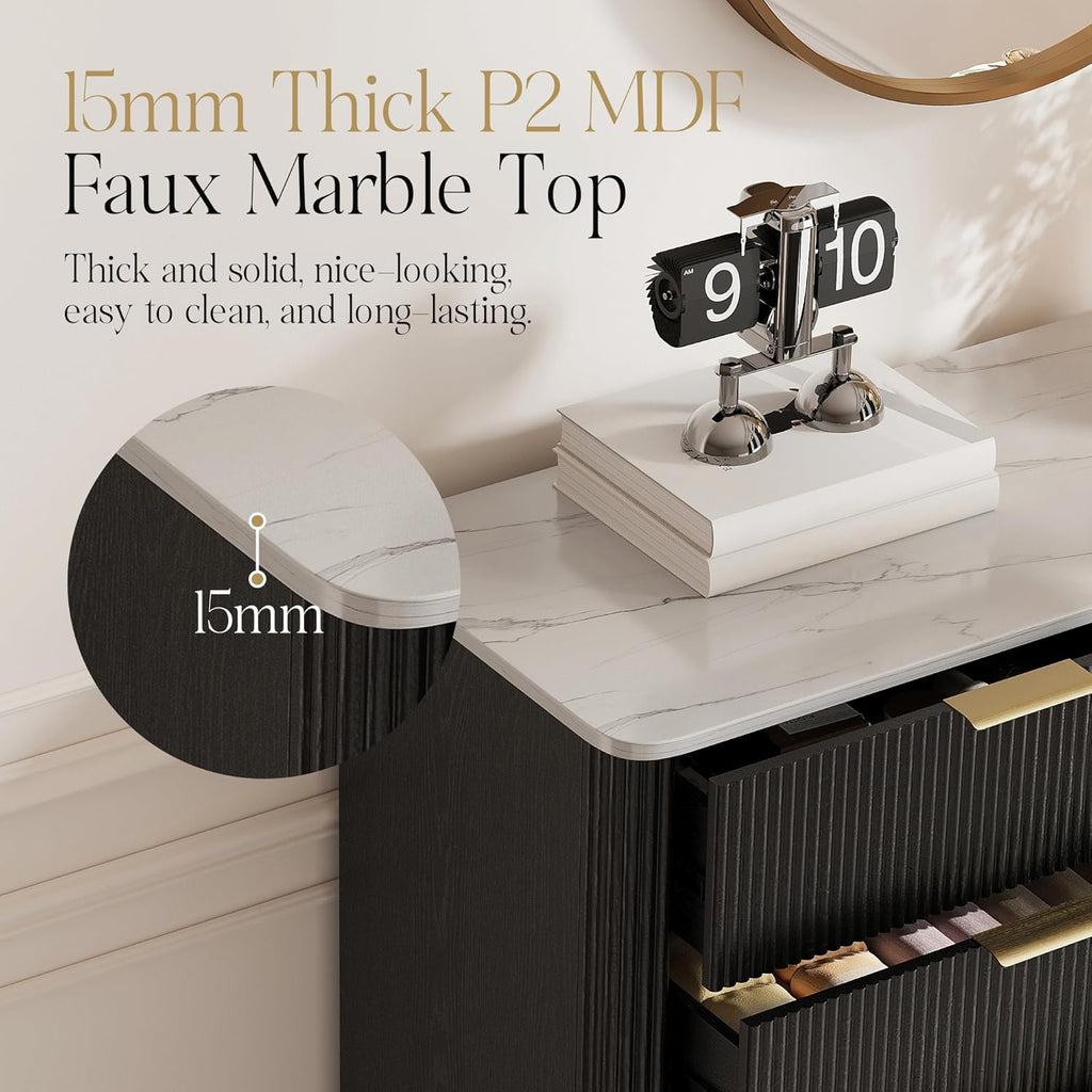 Fluted 10 Drawers Dresser for Bedroom, 47'' Wide Modern Chest of Drawers with Thickened Curved Profile Design, Wood Dressers TV Stand for Bedroom, Living Room, Hallway,Black