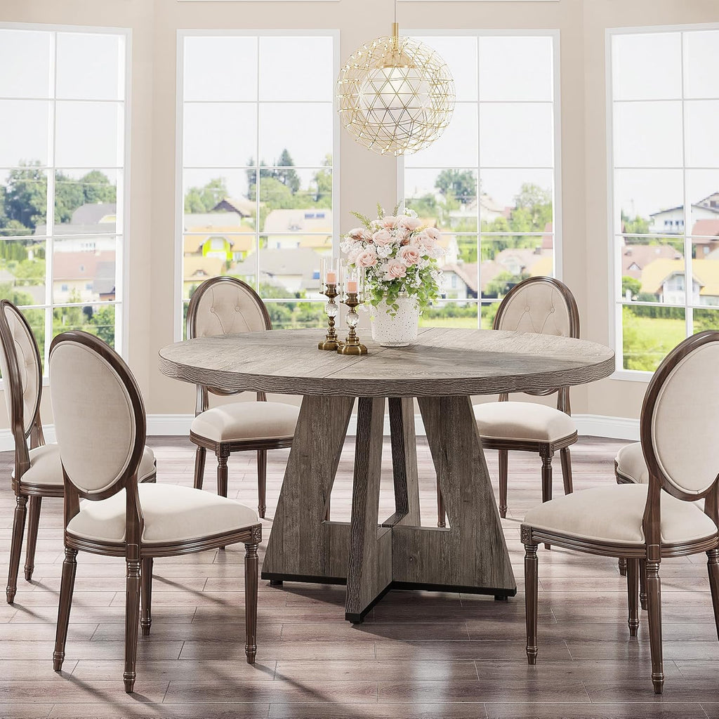 Tribesigns 47 inch Round Dining Table Wood Kitchen Table for Dining Room, 47" Dinner Room Tables for 4-6, Farmhouse Accent Furniture with Wooden Tabletop and Cross Base, Rustic Grey | for Dining Room