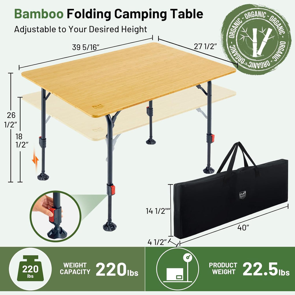 TIMBER RIDGE Bamboo Folding Camping Table, Portable RV Picnic Table with Adjustable Height (18.5"-26.5") & Aluminum Frame, Heavy Duty 220LBS Outdoor Dining for Tailgate Patio, Carry Bag Included