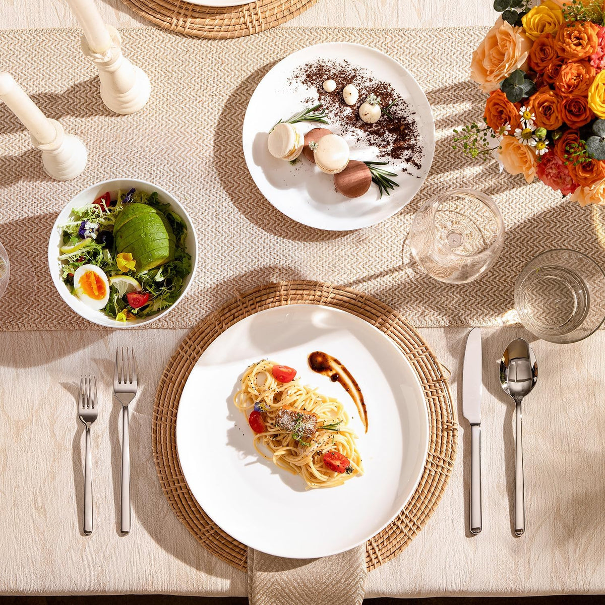 KINGSTONE 24-Piece Bone China Dinnerware Set with 40-Piece flatware, Ivory White Lightweight Porcelain Service for 8, for Family Dining, Restaurants, Gifting, Microwave and Dishwasher Safe