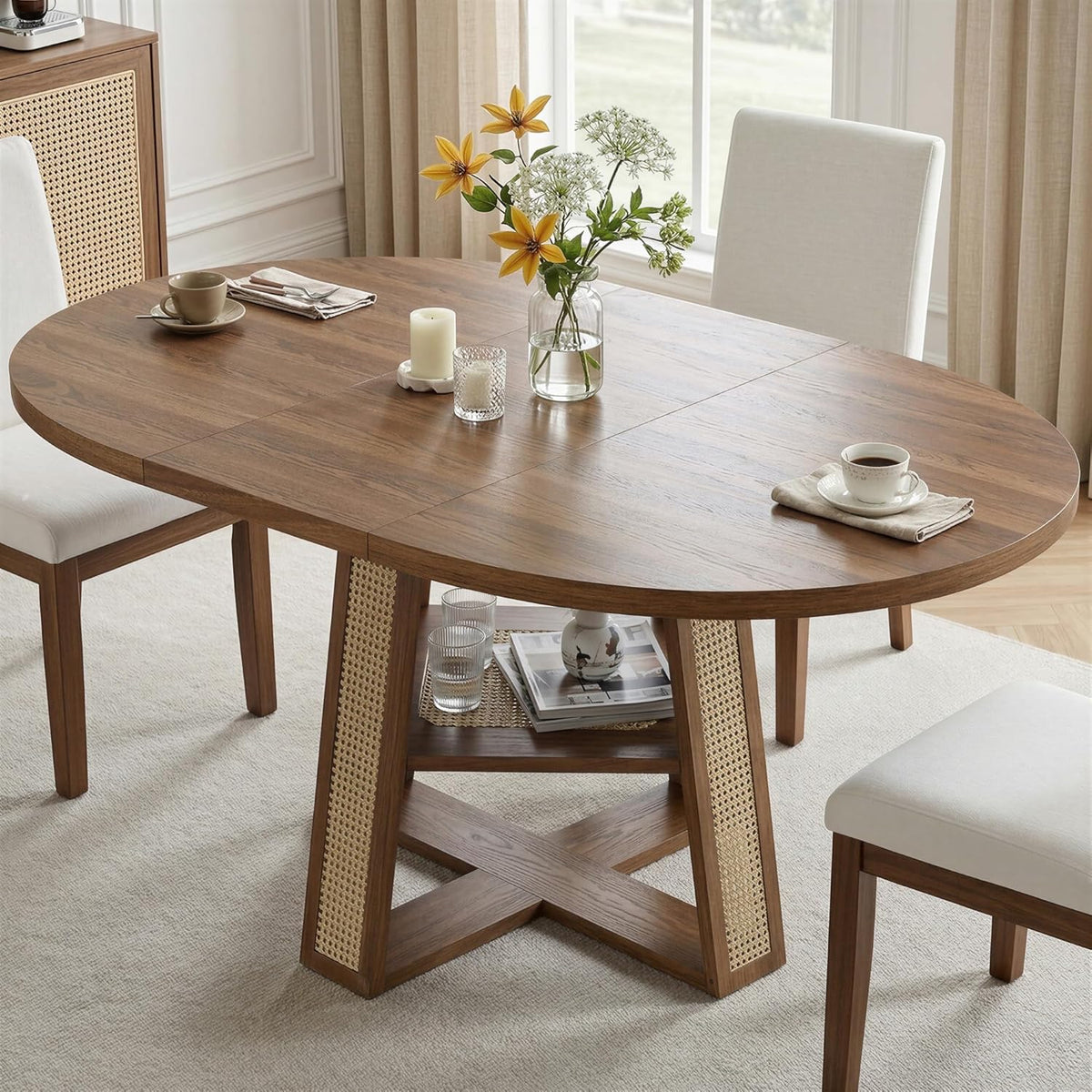 LIKIMIO 43"-59" Extendable Round Dining Table for 4-8, Oval Dining Room Table with Removable Leaves Space Saving, Wood Base Kitchen Table with Storage Shelf for Living Room, Walnut
