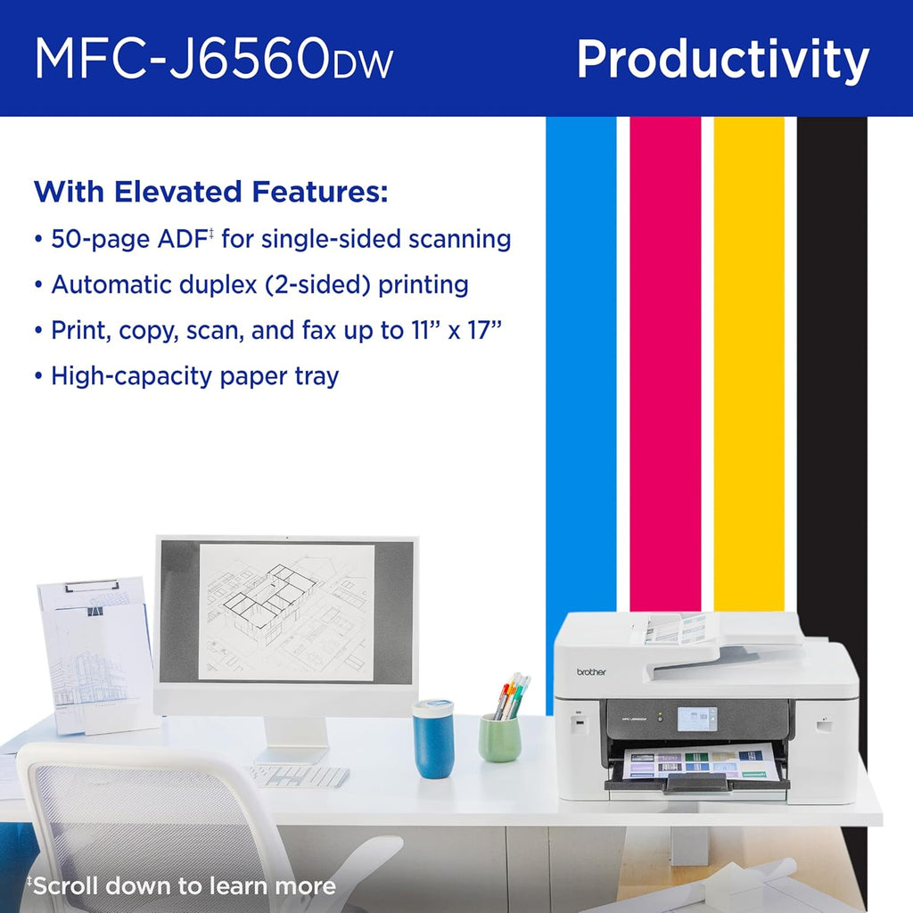 Brother INKvestment 6560 Wireless Color Inkjet All-in-One Printer with 11”x17” Capabilities and 2.7” Color Touchscreen | Includes Refresh Subscription Trial(1) (MFC-J6560DW)
