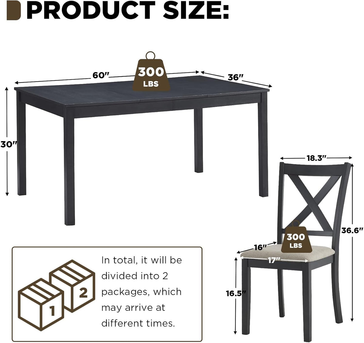LUXOAK 7-Piece Solid Wood Dining Table Set, 60" Farmhouse Dining Table with 6 Chairs, Rectangular Table Set for 6, Kitchen & Dining Room Furniture, Grey & White