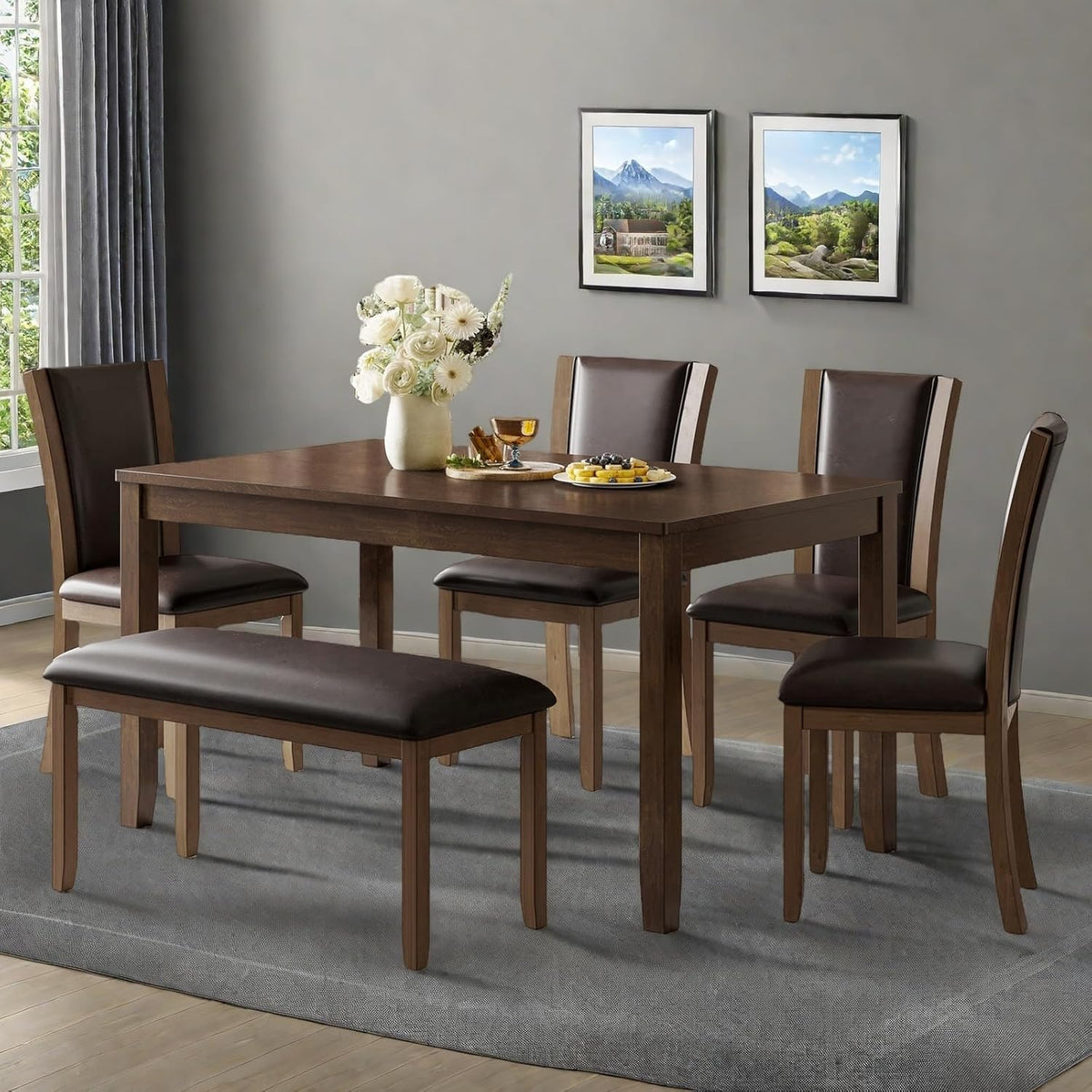 Dining Table Set for 6, Farmhouse 6 Piece Dining Room Table Set with Rectangular Table, 4 Upholstered Backrest Chairs and Bench, Counter Height Kitchen Sets with Warm Woodgrain Finish, Walnut