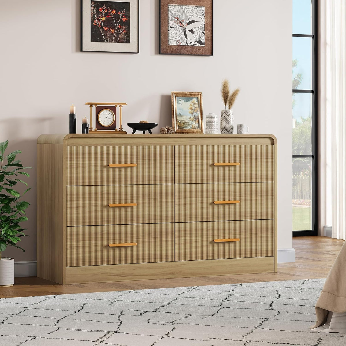 YITAHOME 6-Drawer Dresser with Built-in Power Outlet, Wood TV Stand with 6 Large Drawers and Bar Handles, White Dresser Chest of Drawers for Living Room, Hallway, Entryway