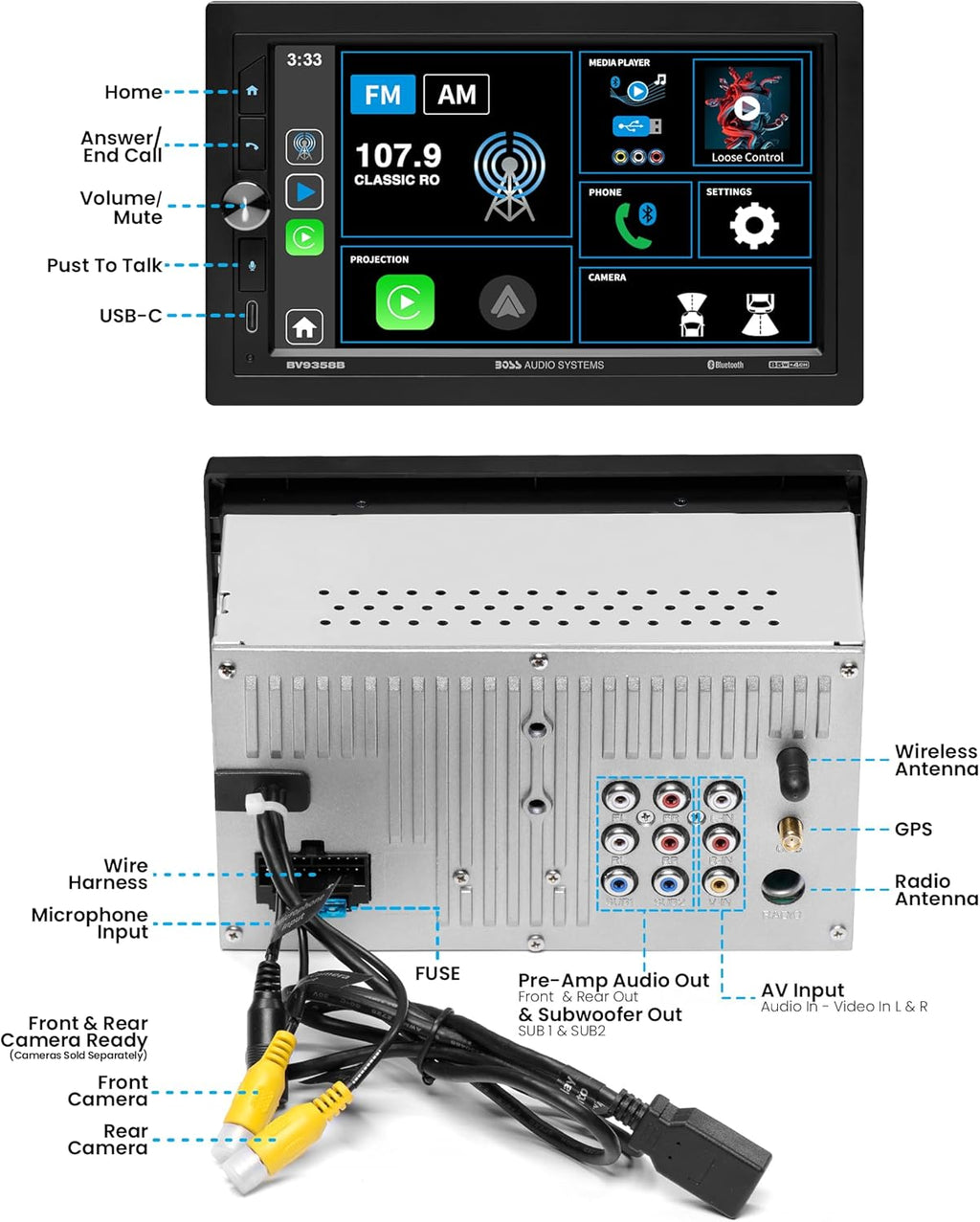 BOSS Audio Systems BVB9358RC Car Stereo – Wireless CarPlay Android Auto, Double Din, 7 Inch Touchscreen, Bluetooth, NO CD DVD Player, AM/FM Radio Receiver, Backup Camera, A/V Input, USB
