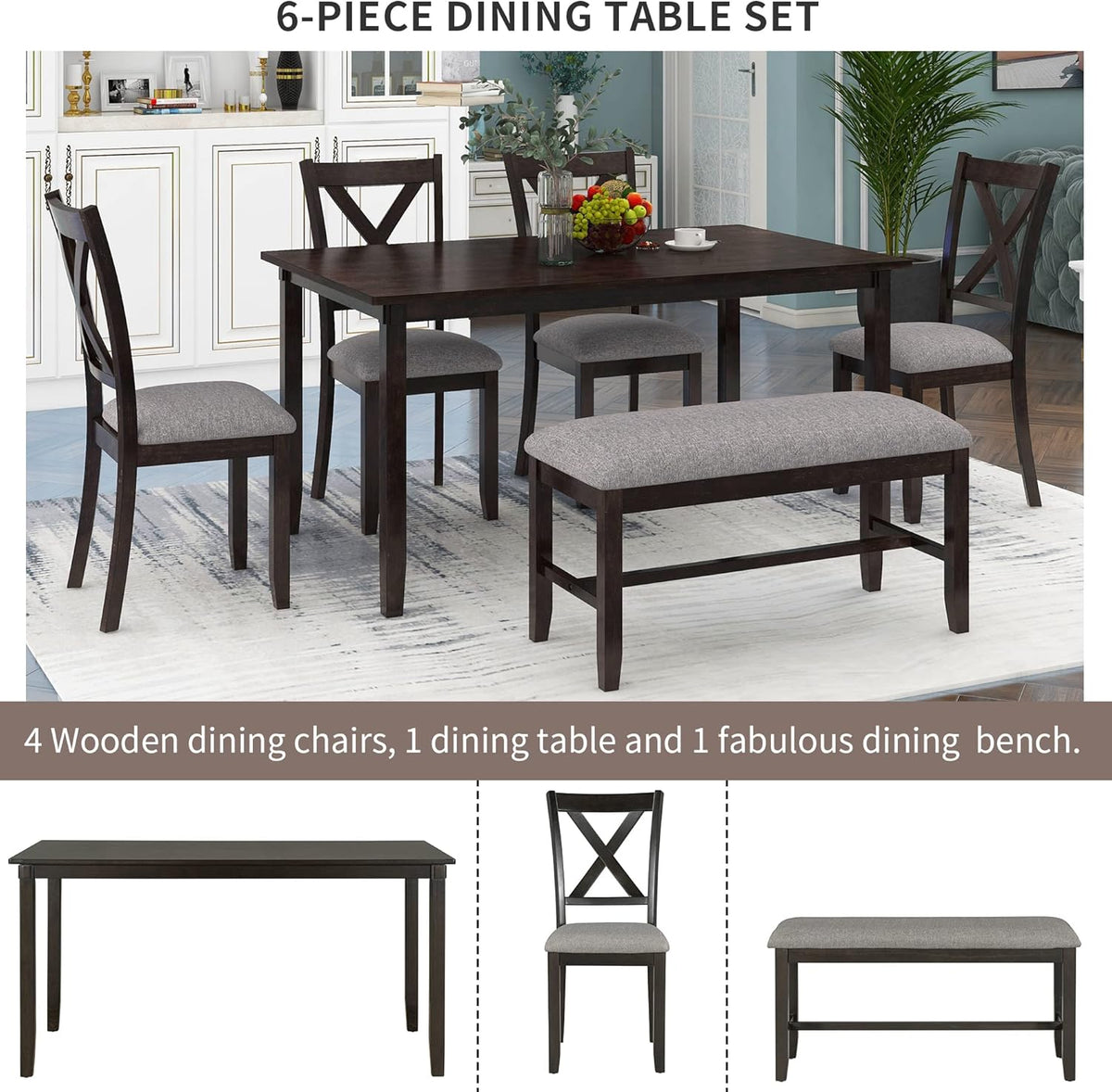 Merax 6 Piece Kitchen Dining Table Set, Wood Rectangular Table and 4 Dining Chairs with Cushions and 1 Bench with Cushion, Kitchen Dining Room Table Set for 6 (Espresso)