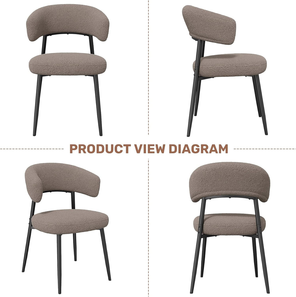Dining Chairs Set of 4, Mid Century Modern Kitchen Chairs, Boucle Upholstered Dining Chair with Curved Backrest & Metal Legs for Kitchen Dining Room, Brown