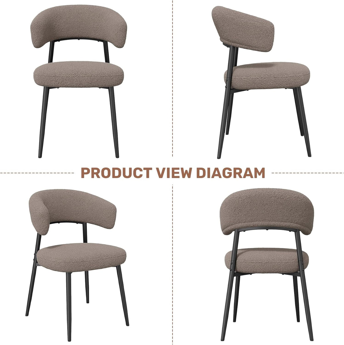 Dining Chairs Set of 4, Mid Century Modern Kitchen Chairs, Boucle Upholstered Dining Chair with Curved Backrest & Metal Legs for Kitchen Dining Room, Brown