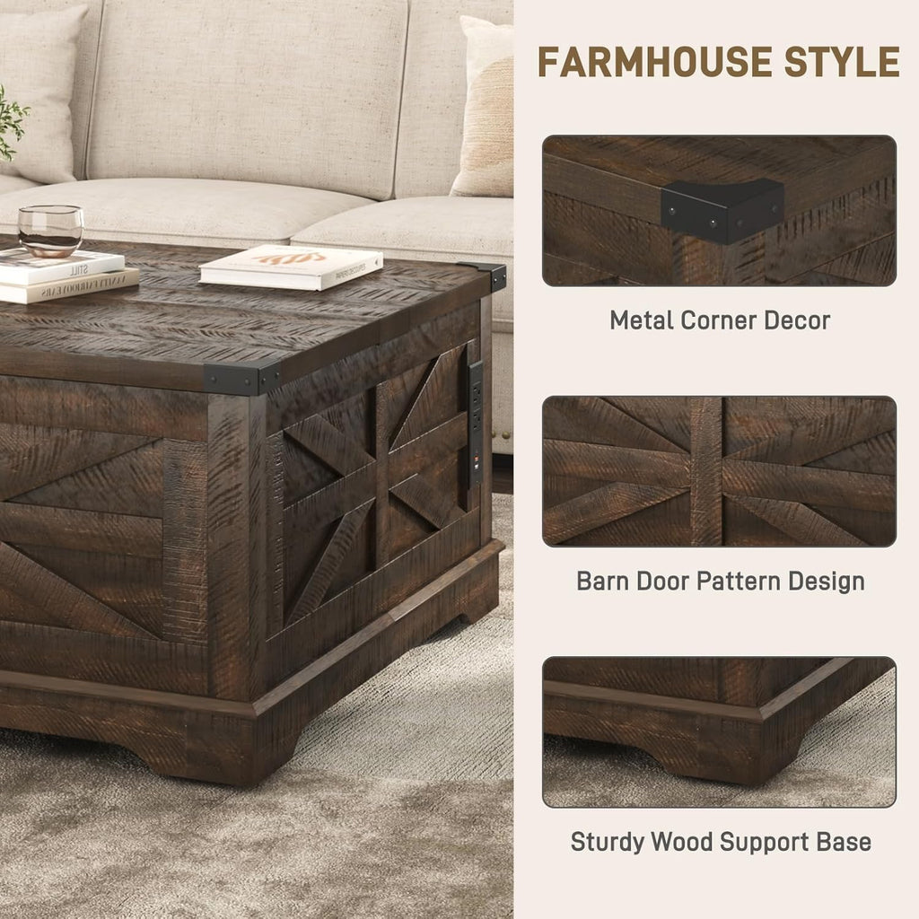 Hlivelood 36" Farmhouse Movable Lift Top Coffee Table with Storage and Power Outlets, Square Wood Living Room Tables with Wheels&Large Hidden Space, Lift Wooden Barn Door Center Table, Brown