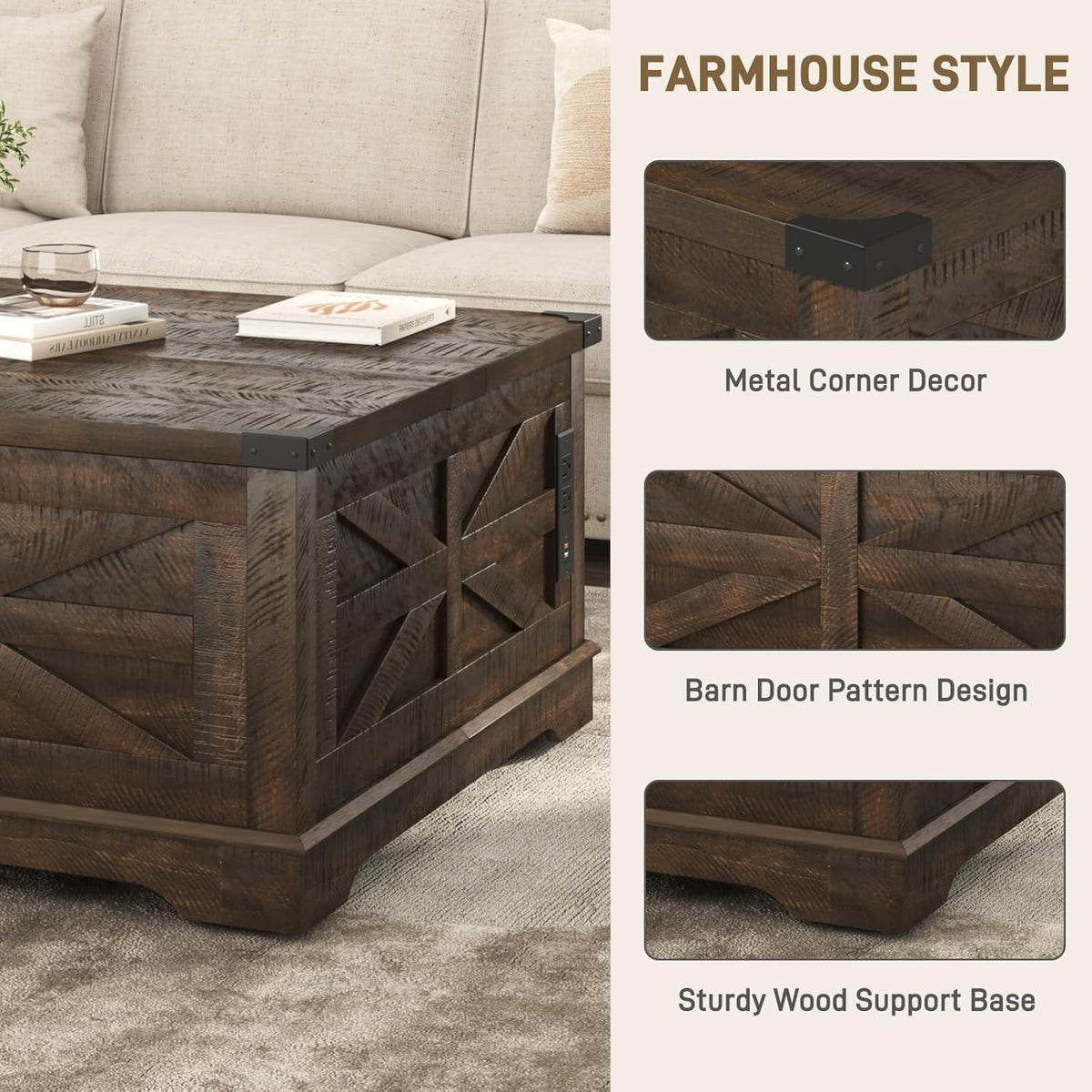 Hlivelood 36" Farmhouse Movable Lift Top Coffee Table with Storage and Power Outlets, Square Wood Living Room Tables with Wheels&Large Hidden Space, Lift Wooden Barn Door Center Table, Brown