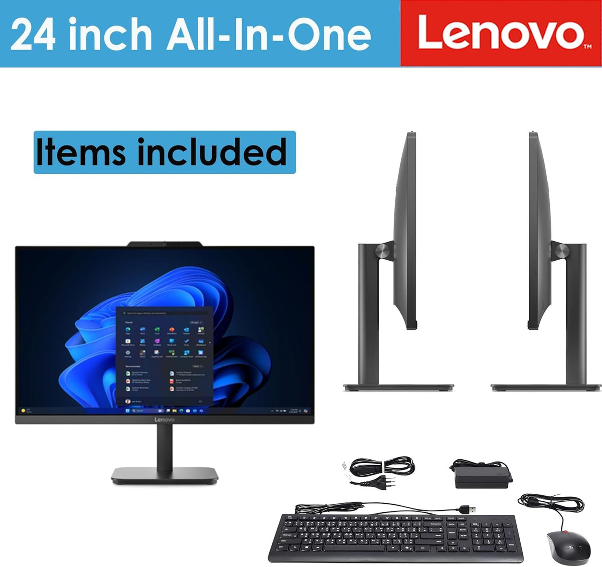 Lenovo V100 23.8 Inch FHD All-in-One Desktop Computer, Intel N100 Processor, 8GB RAM, 512GB SSD, Wi-Fi 6, Bluetooth 5.2, Windows 11 Home